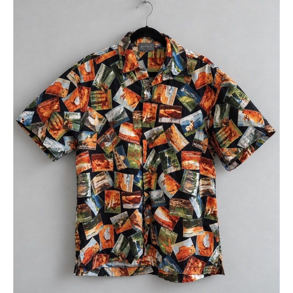 Vintage 90s High Seas Men's M National Parks Postcard Hawaiian Shirt USA